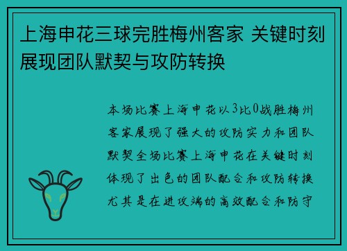 上海申花三球完胜梅州客家 关键时刻展现团队默契与攻防转换