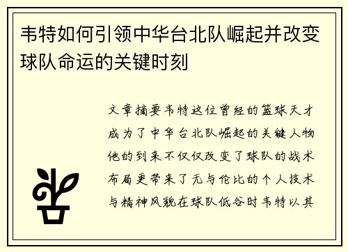 韦特如何引领中华台北队崛起并改变球队命运的关键时刻